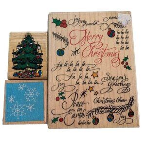 Wooden Christmas Rubber Stamp Set Holiday Designs Snowflakes Tree Text